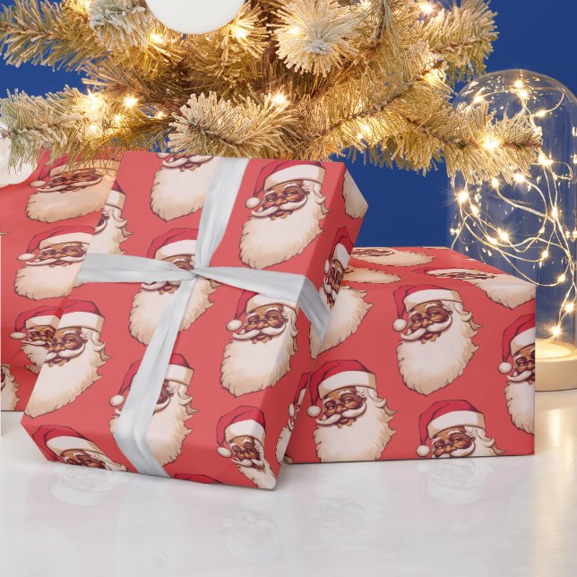 Retro African American Black Santa face Christmas Wrapping Paper (Holidays)