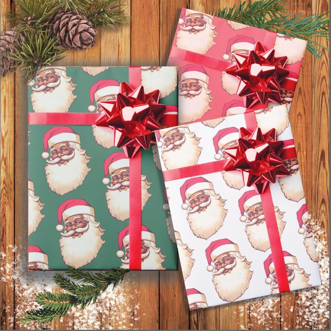 Retro African American Black Santa face Christmas Wrapping Paper Sheets (Creator Uploaded)
