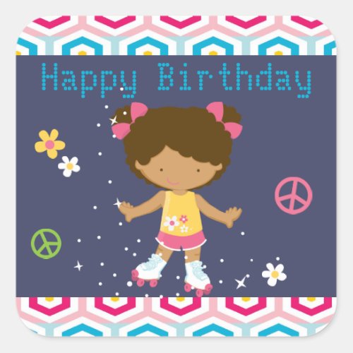 Retro African American Roller Skating Birthday Square Sticker