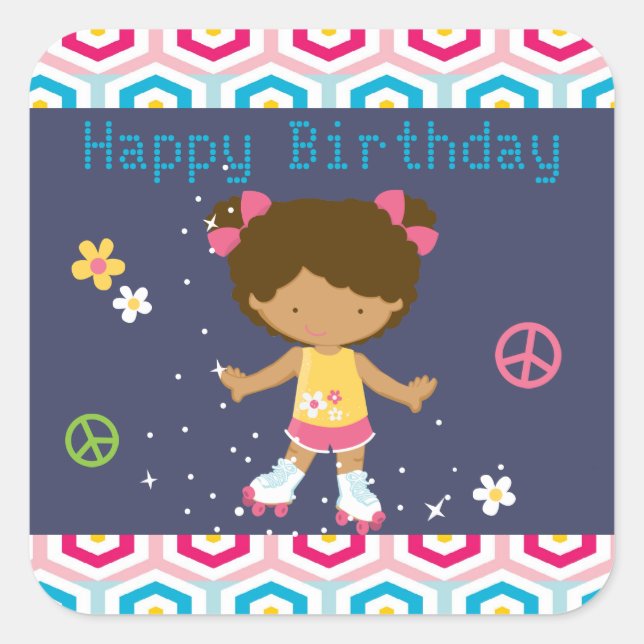 Retro African American Roller Skating Birthday Square Sticker (Front)