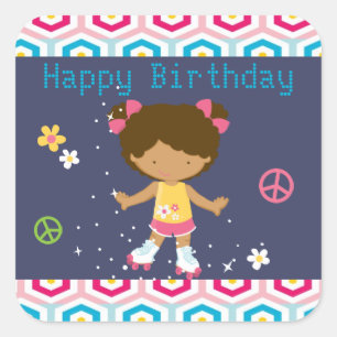 Retro African American Roller Skating Birthday Square Sticker