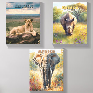 Retro African Lion Elephant Rhino Scenic Canvas Photo Tile
