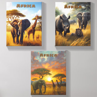 Retro African Lion Elephant Rhino Scenic Canvas Photo Tile