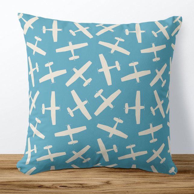 Retro Aircraft Plain Pattern Blue Throw Pillow (Creator Uploaded)