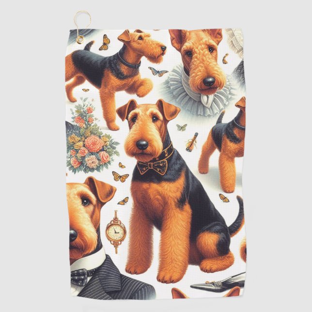 Retro Airedale Terrier Seamless Golf Towel (Front)