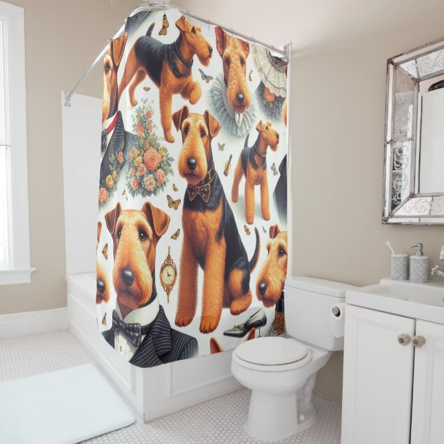 Retro Airedale Terrier Seamless Shower Curtain (In Situ)