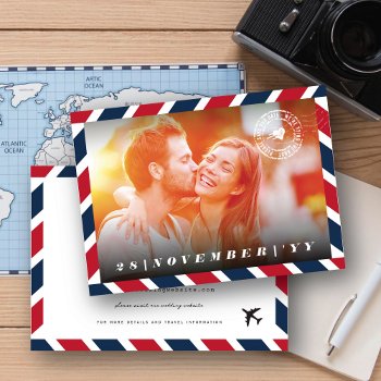 Retro Airmail Postal Photo Destination Wedding Save The Date by fatfatin_blue_knot at Zazzle