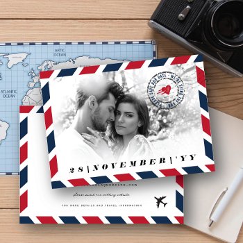 Retro Airmail Postal Photo Destination Wedding Save The Date by fatfatin_blue_knot at Zazzle