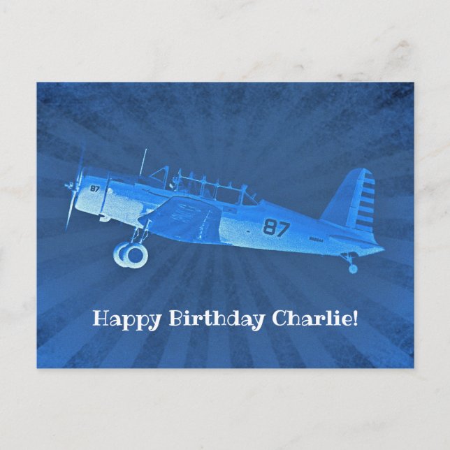 Retro Airplane #87 Blue Happy Birthday Postcard (Front)