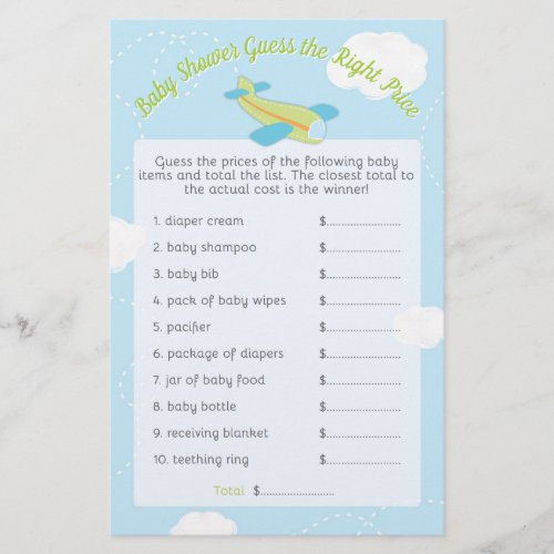 Retro Airplane Baby Shower Guess Right Price Game