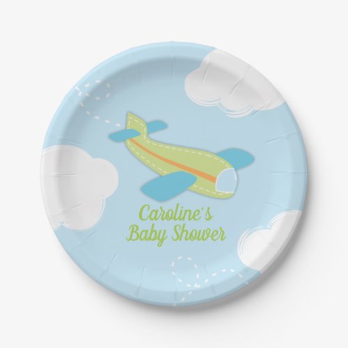 Retro Airplane Baby Shower in Blue and Green Paper Plates