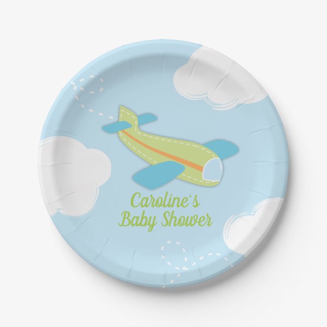 Retro Airplane Baby Shower in Blue and Green Paper Plates (Front)