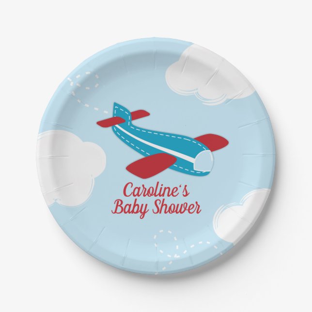 Retro Airplane Baby Shower in Red and Blue Paper Plates (Front)