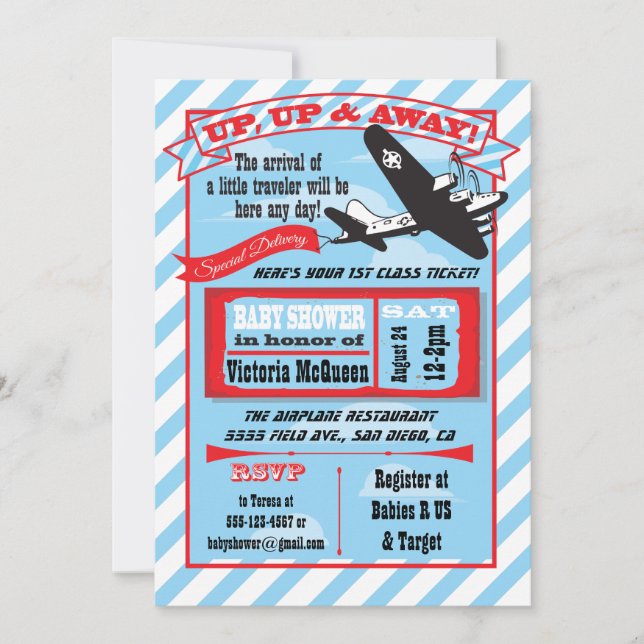 Retro Airplane Baby Shower with ticket invitation (Front)