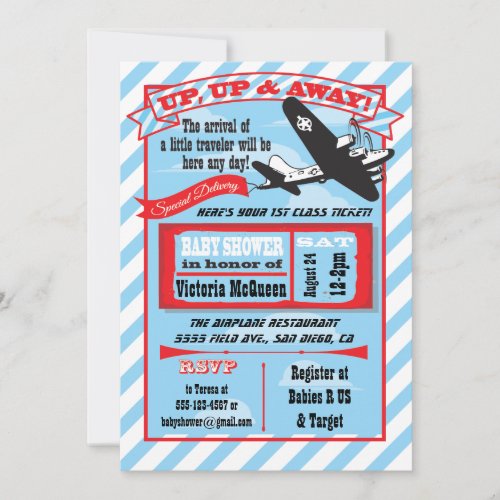 Retro Airplane Baby Shower with ticket invitation