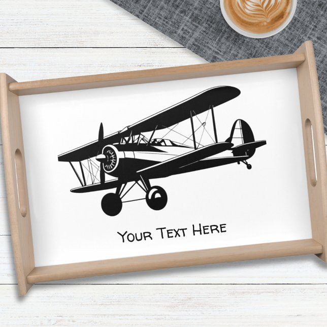 Retro AirPlane Biplane Silhouette Personalized Serving Tray (A personalized serving tray with silhouette picture of a retro airplane)