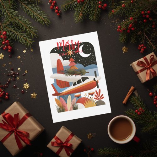Retro Airplane Christmas Tree Family Photo Funny Holiday Card