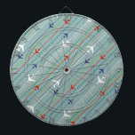 Retro Airplane Pattern Dart Board<br><div class="desc">Fasten your seatbelt. This Retro Airplane Pattern Dart Board is ready for takeoff. The design features lines of red, royal blue, and white, mid century modern airplanes flying across a steel blue background. Thin stripes of orange, lime green and grey, as well as lines of teal dots, add interest to...</div>