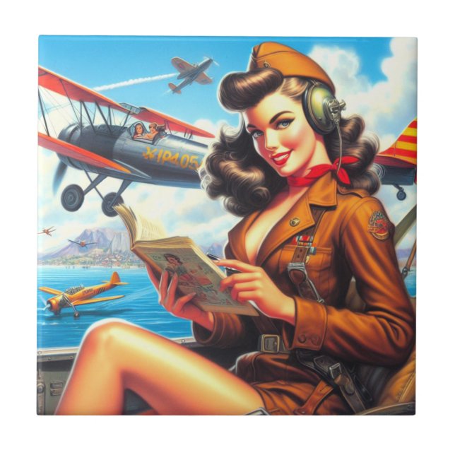 Retro Airplane Pin-up Ceramic Tile (Front)