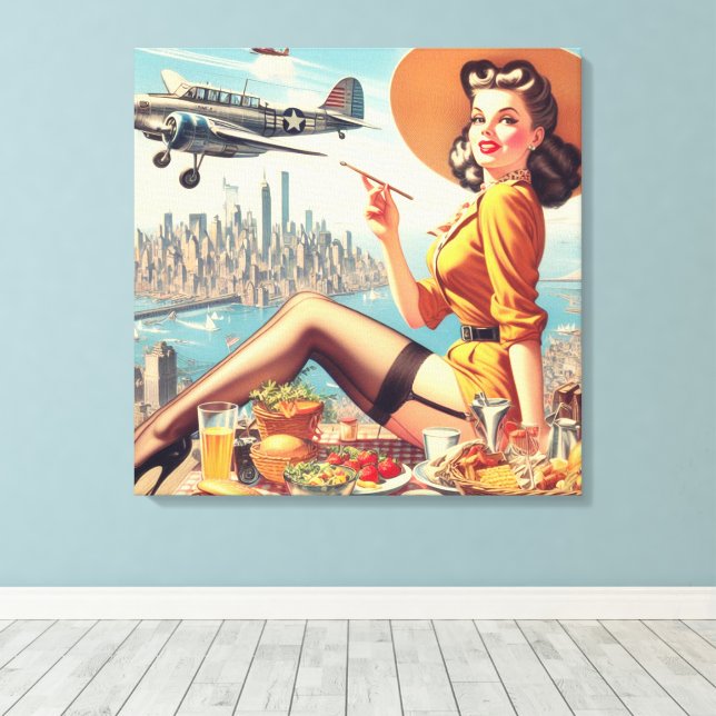 Retro Airplane Pin-up Illustration Canvas Print (Insitu(Wood Floor))