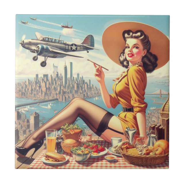 Retro Airplane Pin-up Illustration Ceramic Tile (Front)