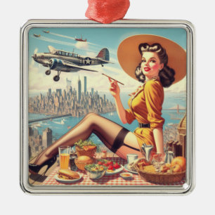 Retro Airplane Pin-up Illustration Metal Ornament