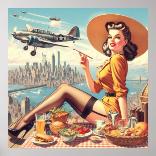 Retro Airplane Pin_up Illustration Poster