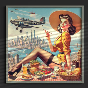 Retro Airplane Pin-up Illustration Poster