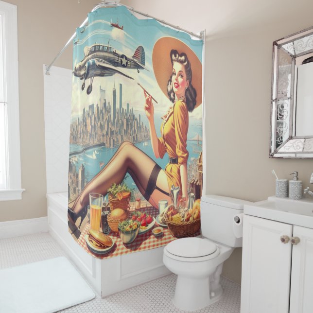 Retro Airplane Pin-up Illustration Shower Curtain (In Situ)