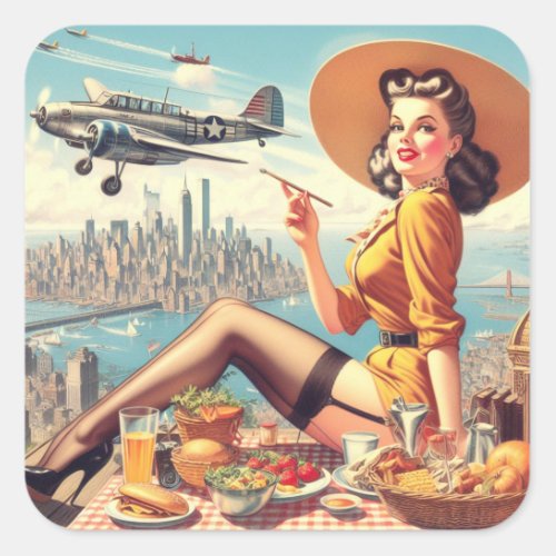 Retro Airplane Pin_up Illustration Square Sticker