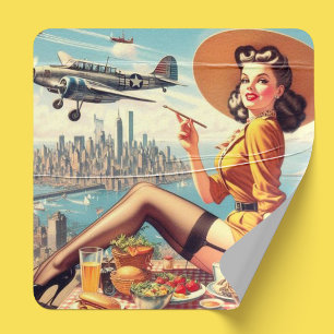 Retro Airplane Pin-up Illustration Square Sticker