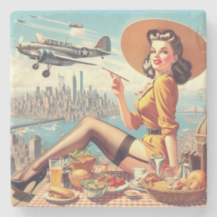 Retro Airplane Pin-up Illustration Stone Coaster