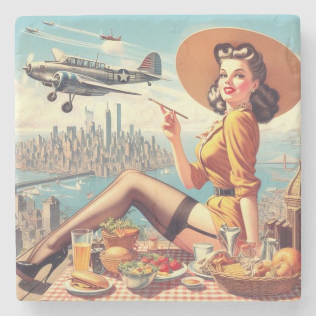 Retro Airplane Pin-up Illustration Stone Coaster (Front)