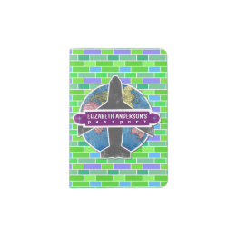Retro Airplane Travel Sticker Green Bricks Custom Passport Holder