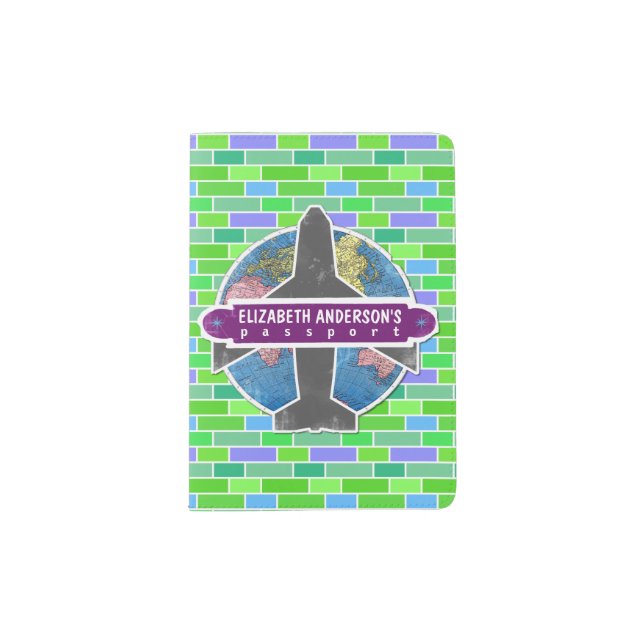 Retro Airplane Travel Sticker Green Bricks Custom Passport Holder (Front)