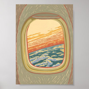 Retro Airplane Window View Sunset Clouds Travel Poster