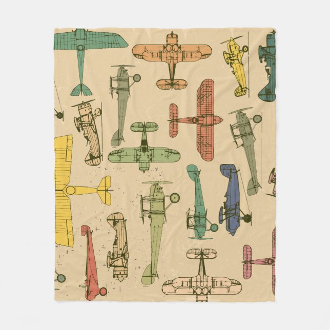 Retro Airplanes: Cracked Vintage Pattern. Fleece Blanket (Front)