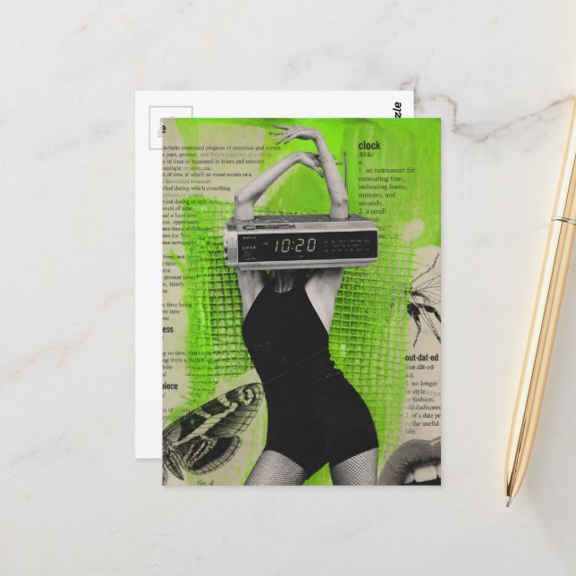Retro Alarm Clock Person Collage Postcard (Front/Back In Situ)