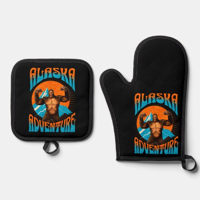 Retro Alaska Sasquatch Mountain Adventure Oven Mitt & Pot Holder Set (Front)