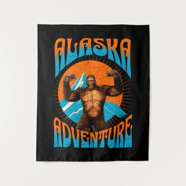 Retro Alaska Sasquatch Mountain Adventure Tapestry (Front)