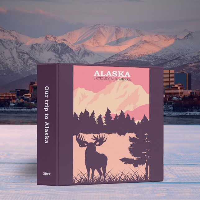 Retro Alaskan Moose Travel Poster Scrapbook Pink 3 Ring Binder (Creator Uploaded)