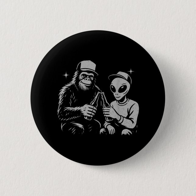 Retro Alien Bigfoot Cheers Funny Paranormal Drinki Button (Front)