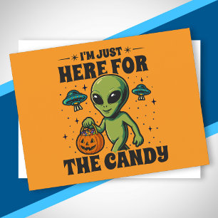 Retro Alien I'm Just Here for the Candy Halloween Holiday Postcard