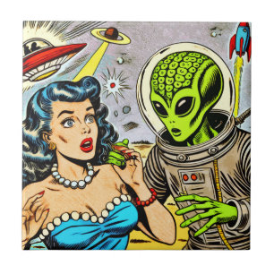 Retro Alien Science Fiction Comics Ceramic Tile
