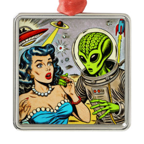 Retro Alien Science Fiction Comics Metal Ornament