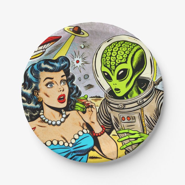 Retro Alien Science Fiction Comics Paper Plates (Front)