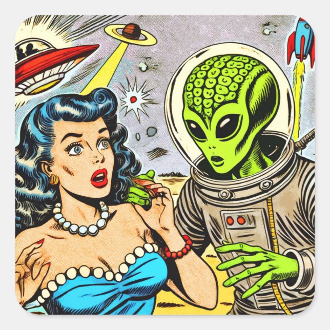 Retro Alien Science Fiction Comics Square Sticker (Front)