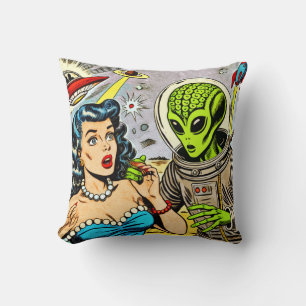 Retro Alien Science Fiction Comics Throw Pillow