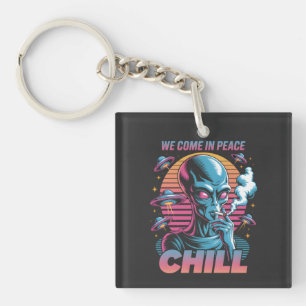 Retro Alien "We Come In Peace CHILL" Design Keychain