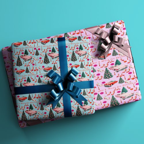 Retro All I Want For Christmas Pink White Blue Wrapping Paper Sheets
